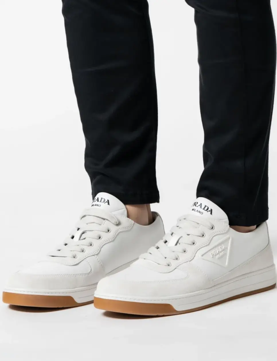 Prada Rubber Logo Low-Top Sneakers Suede White Grey