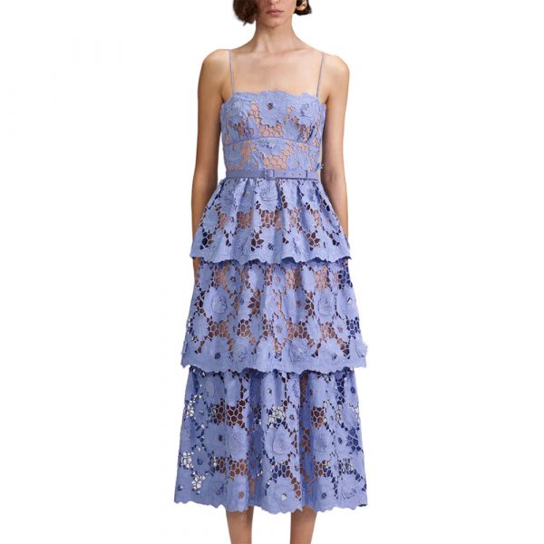 Self Portrait 3D Cotton Lace Sleeveless Midi Dress Lilac 