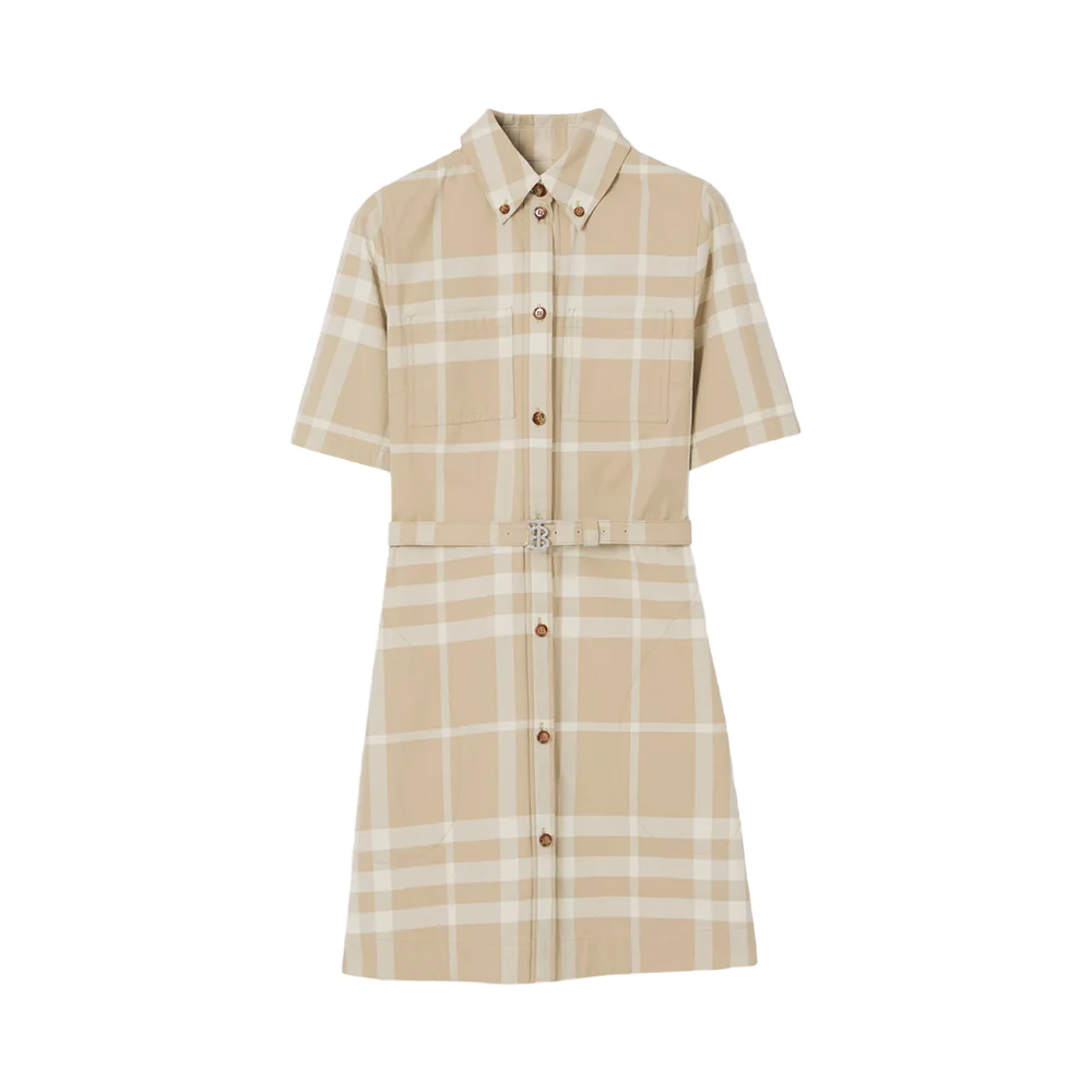 Check Cotton Gabardine Shirt Dress Soft Fawn with TB Belt