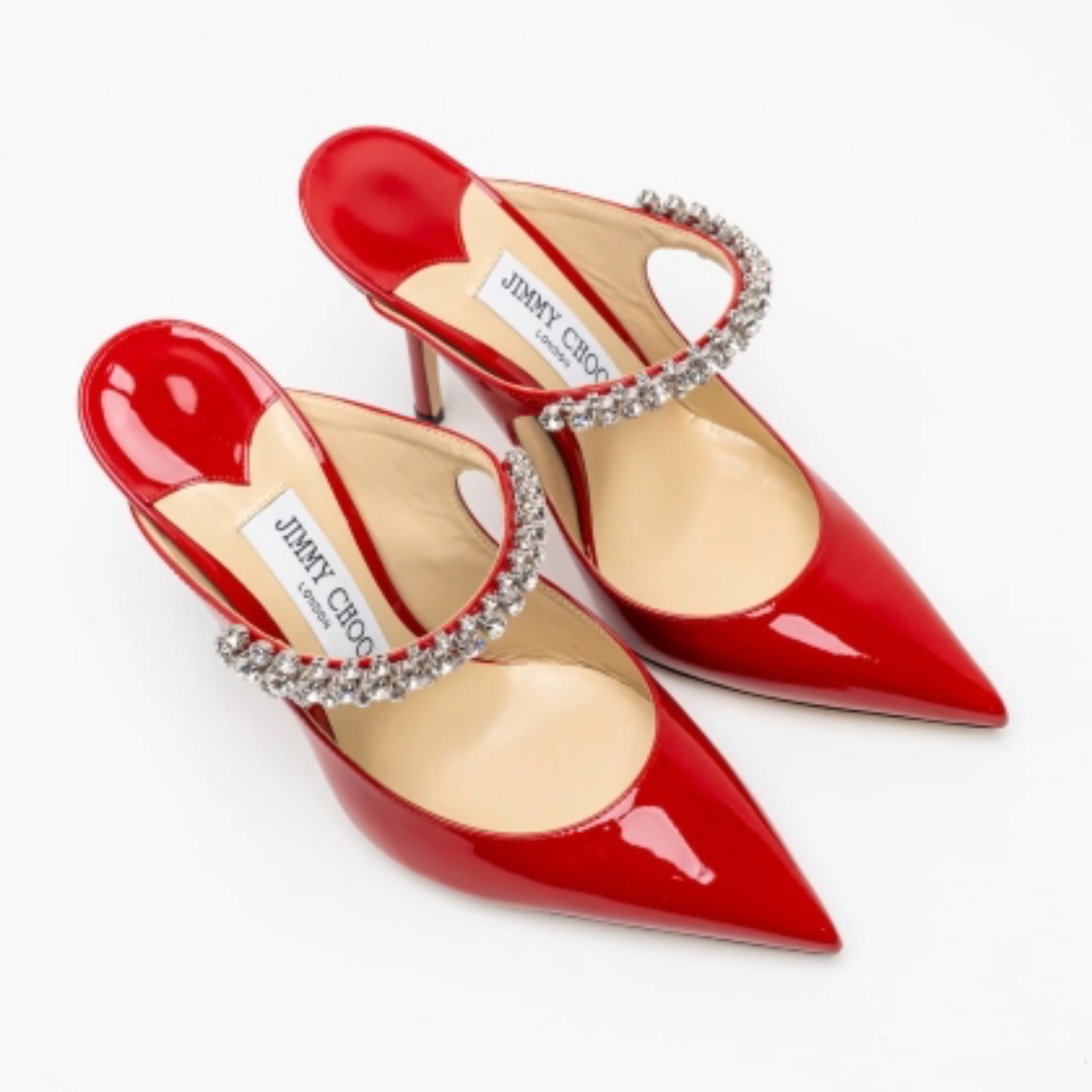 Jimmy Choo Bing 100 Leather Mules with Crystal Strap Red Patent