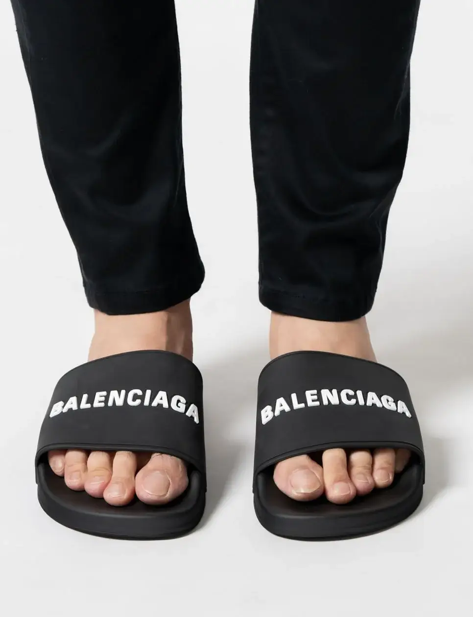 Balenciaga Logo Slide Sandals Black White