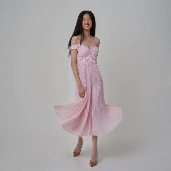 Self Portrait Gingham Print Chiffon Midi Dress Pink Multi 