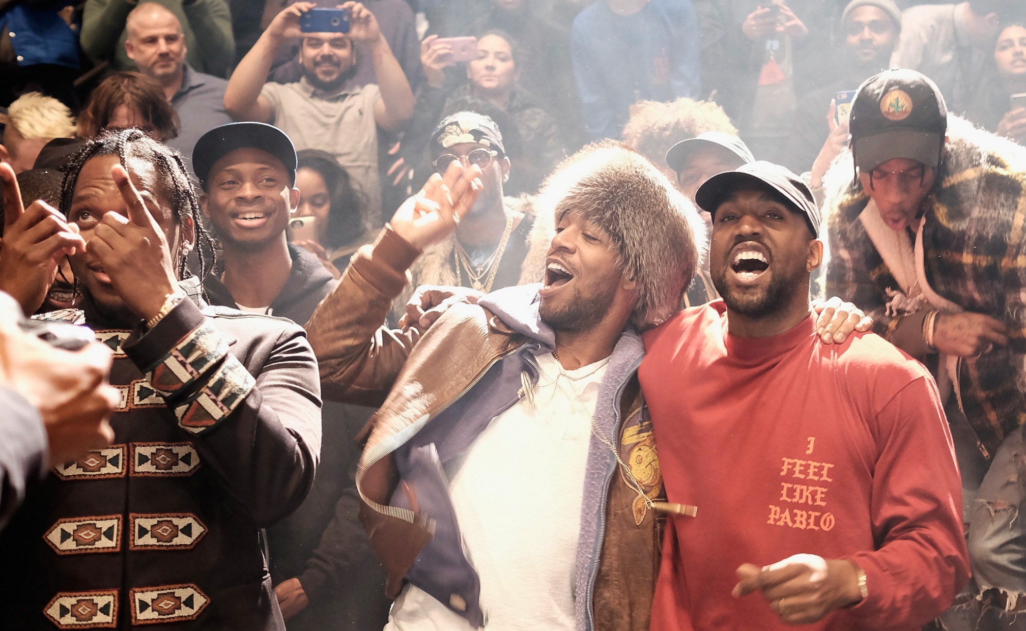 Potret Pusha T, Kid Cudi, Kanye West, dan Travis Scott di acara Yeezy Season 3.