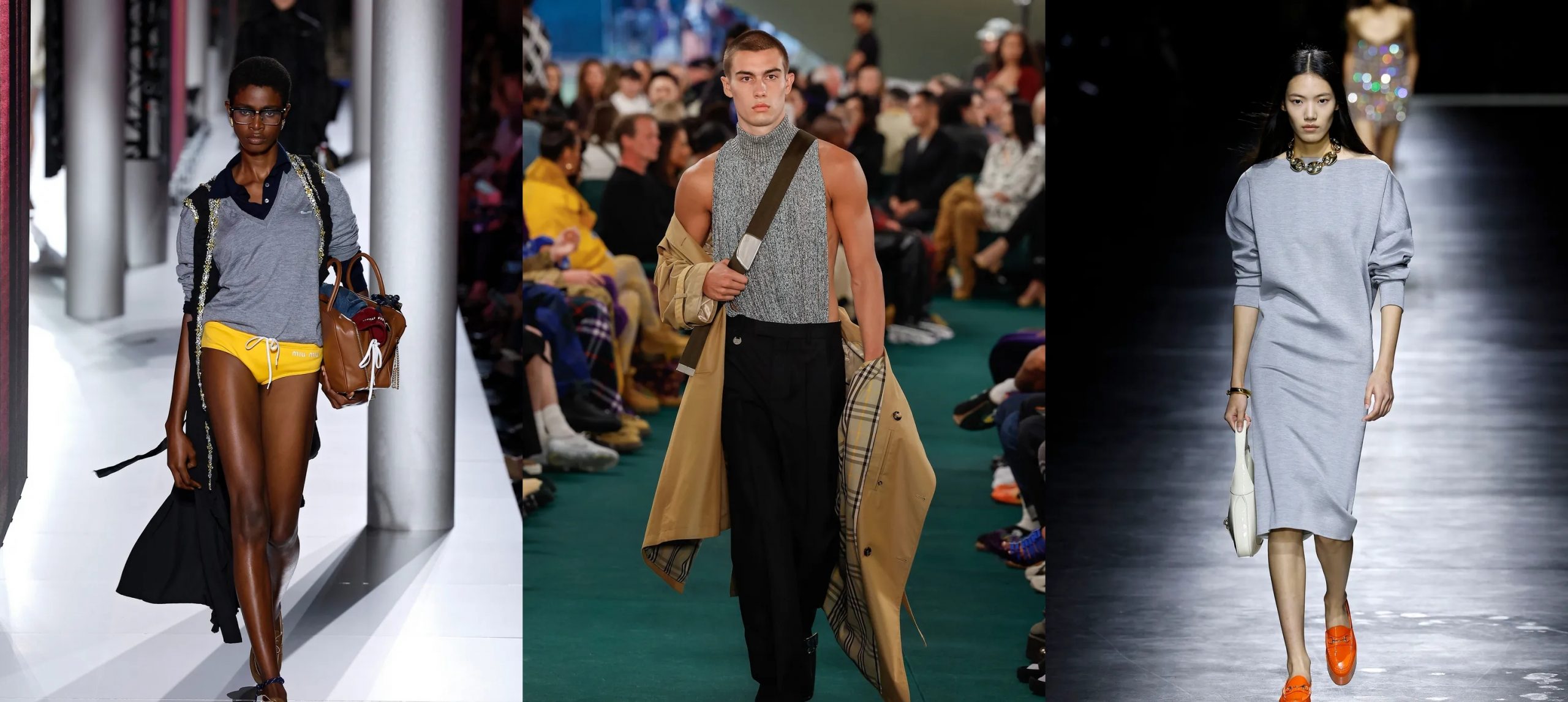 Tampilan warna abu-abu dari runway Spring/Summer 2024 oleh Miu Miu, Burberry, dan Gucci