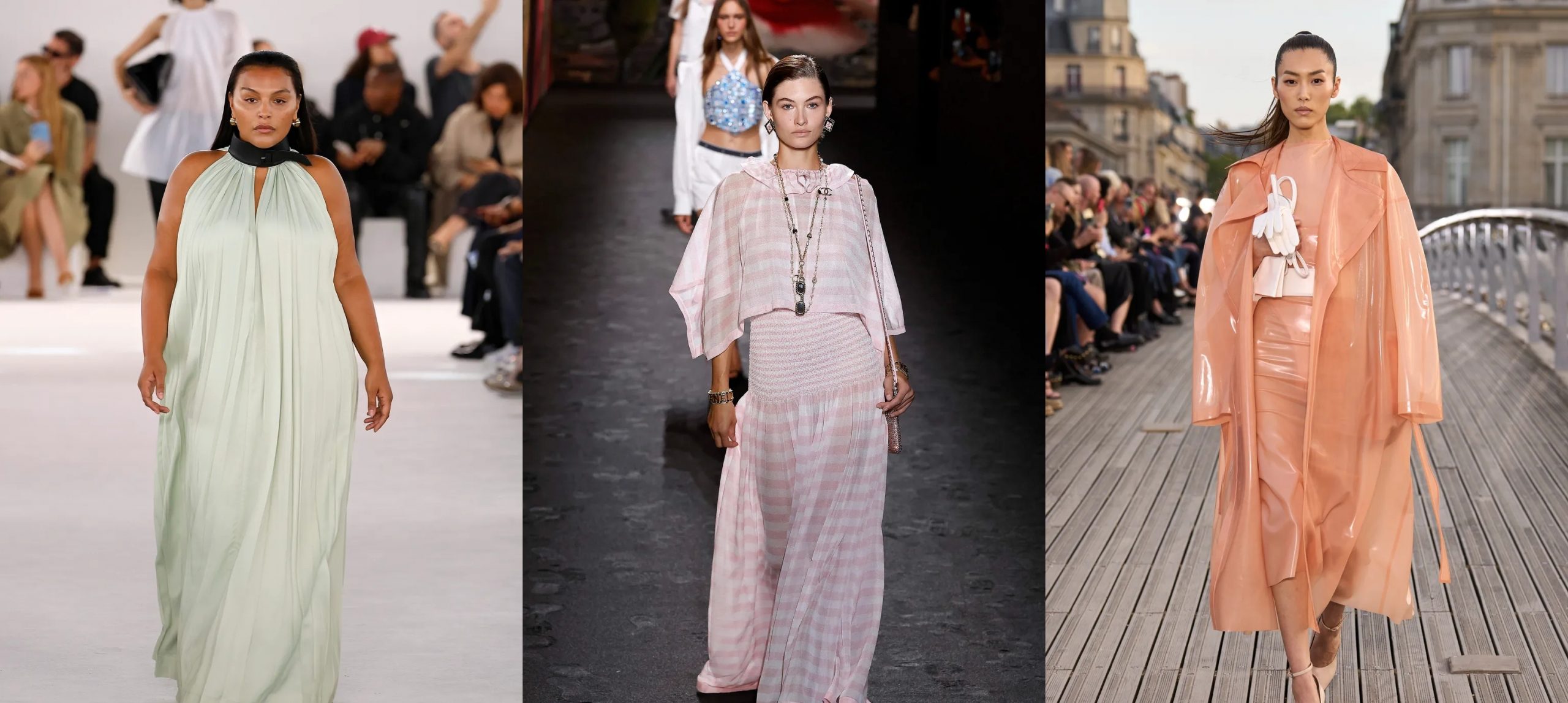 Tampilan warna-warna pastel/sorbet dari runway Spring/Summer 2024 oleh Ferragamo, Chanel, dan Alaïa