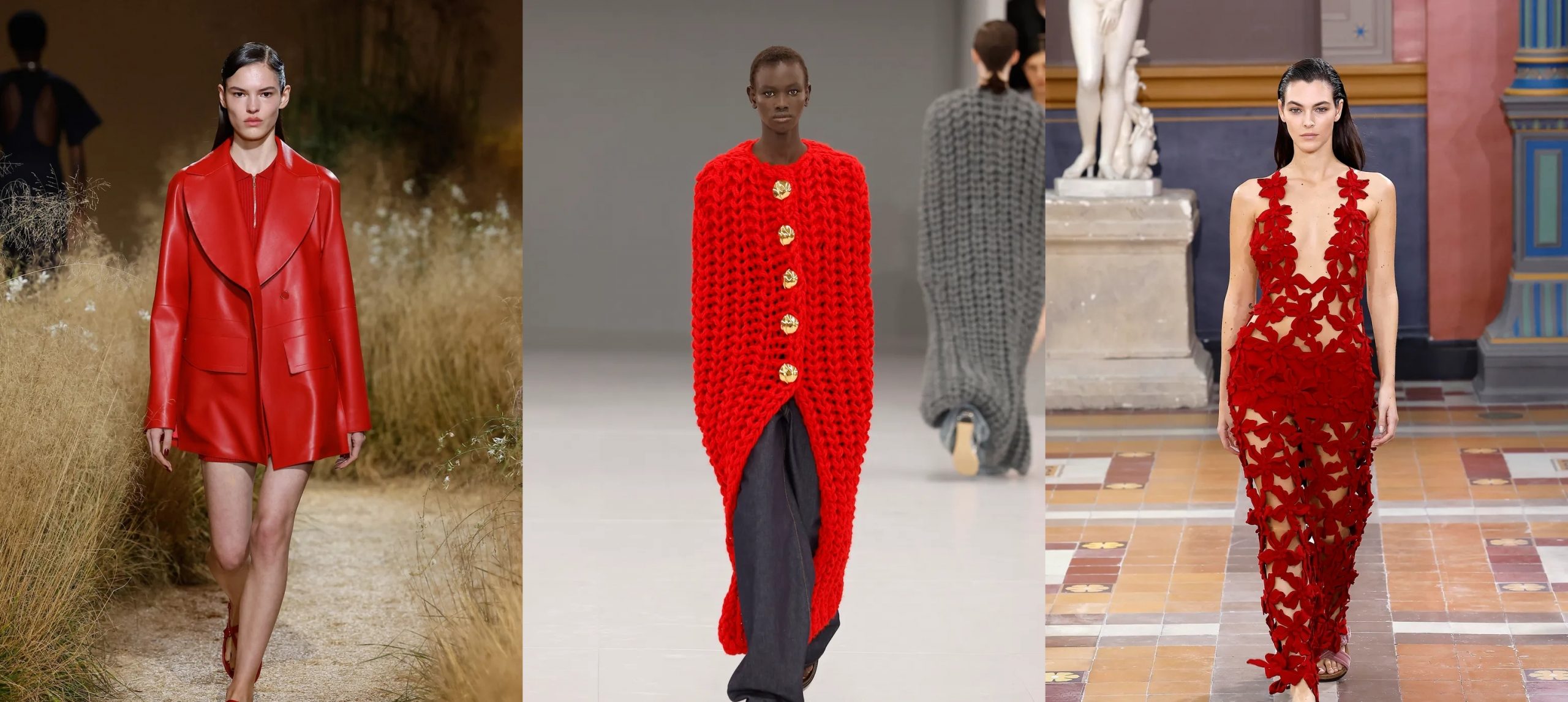 Tampilan warna merah dari runway Spring/Summer 2024 oleh Hermès, Loewe, dan Valentino