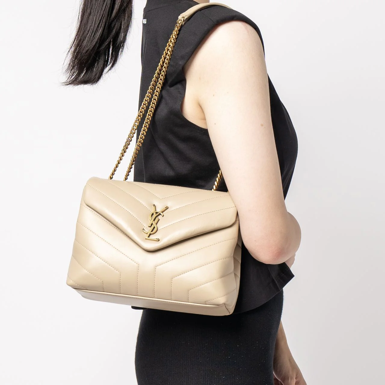 Loulou Small Leather Shoulder Bag Dark Beige