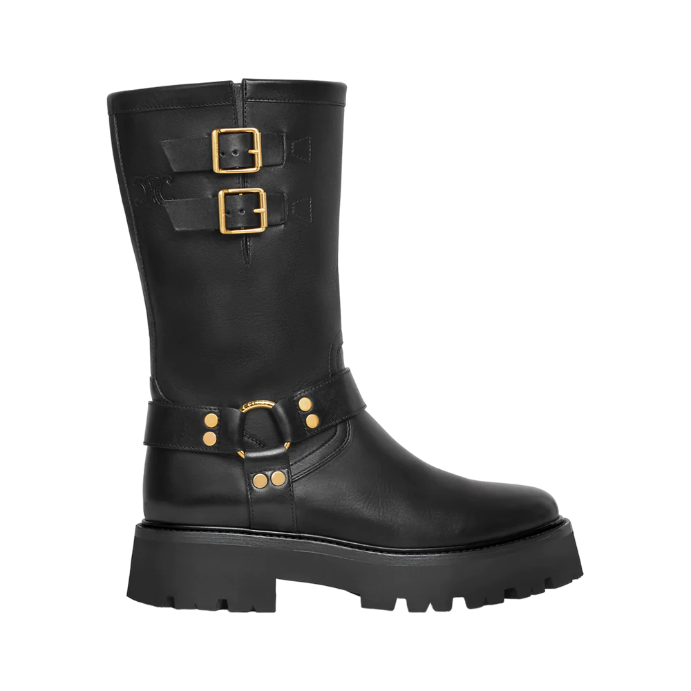Bulky Mid Biker Boots with Harness in Calfskin Black Gold