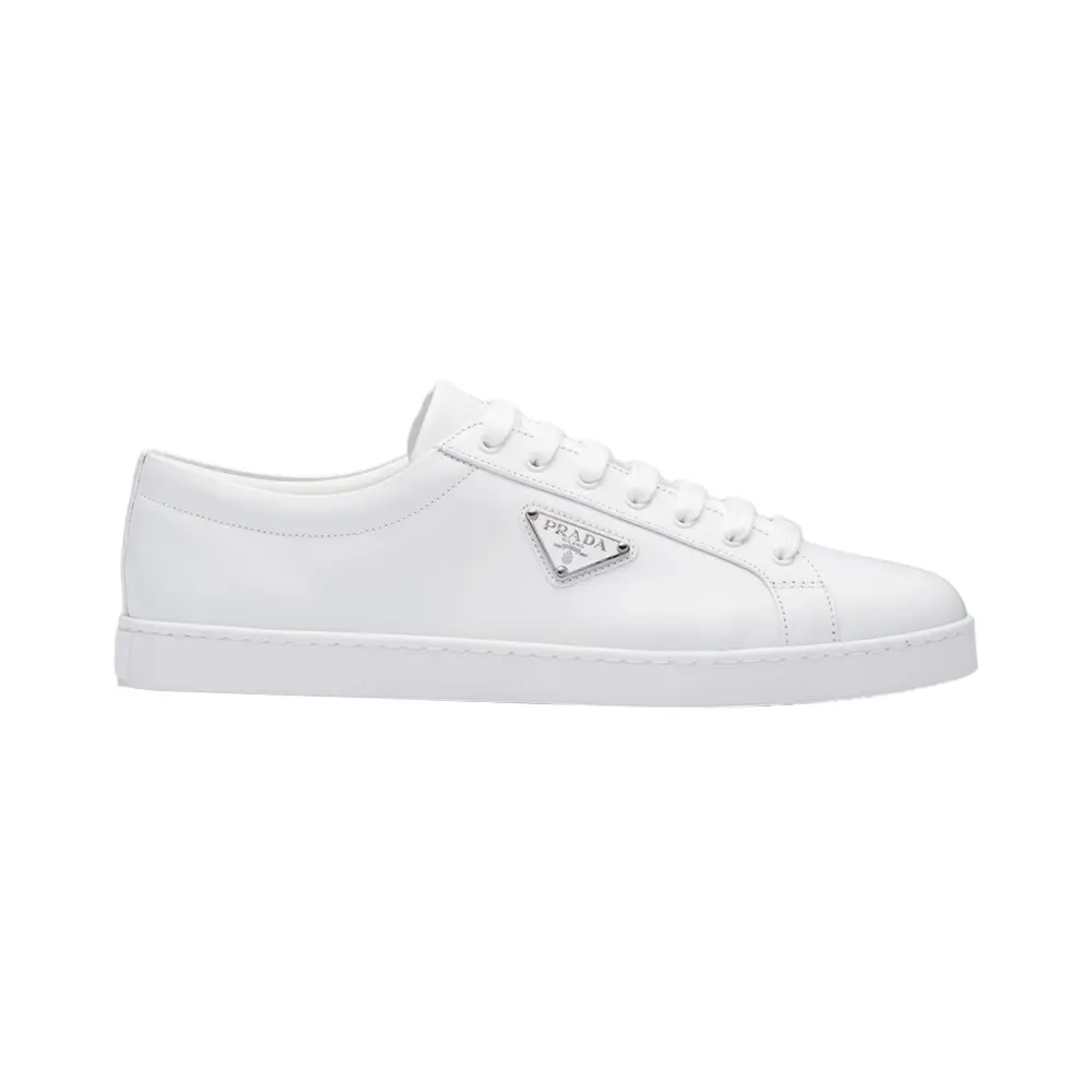 PradaEnameled Triangle Logo Brushed Leather Sneakers White