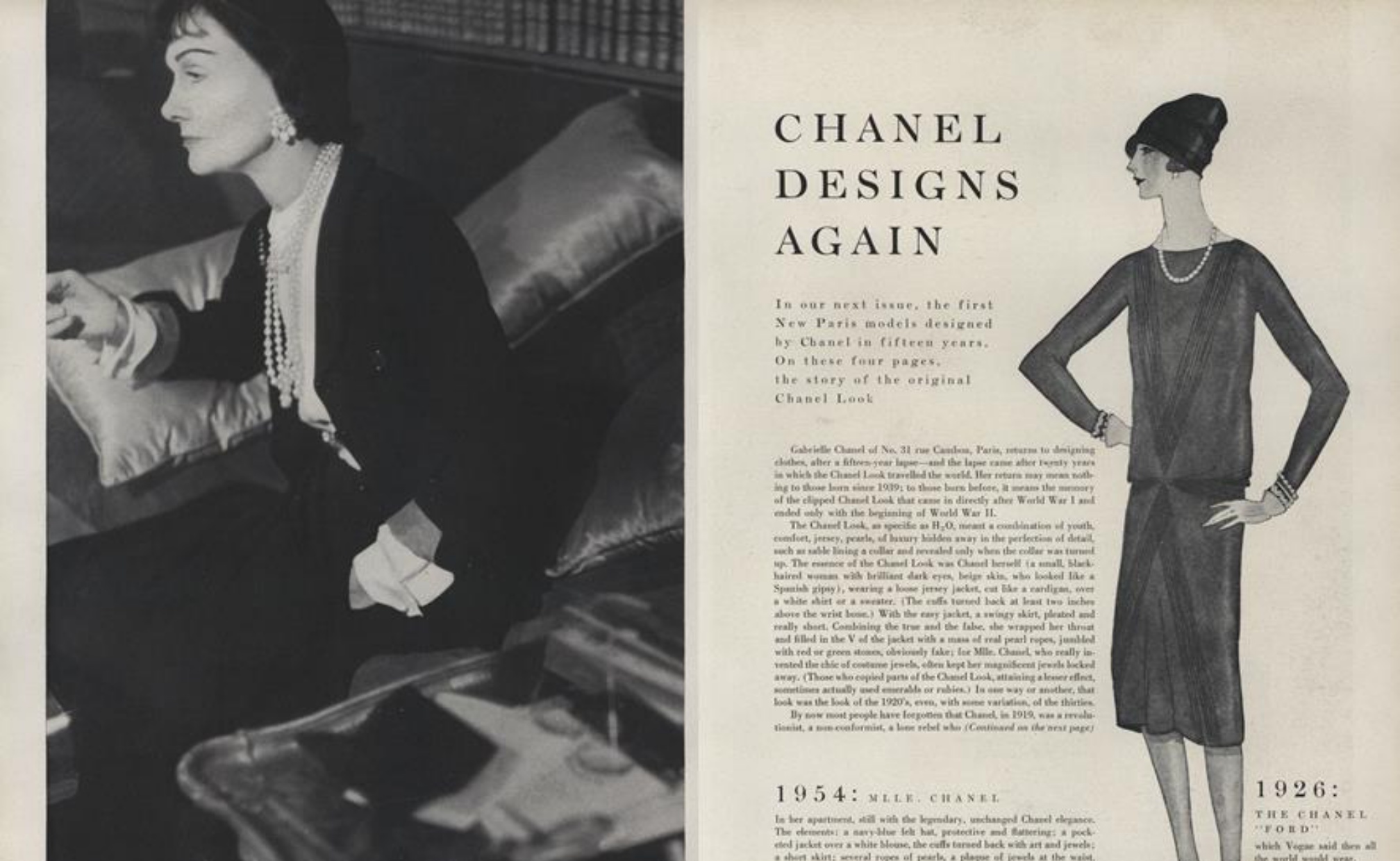 Salah satu artikel majalah Vogue yang memberitakan kembalinya Chanel di tahun 1954