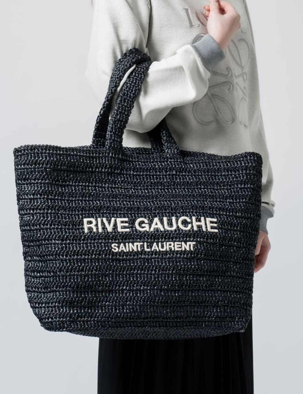 Saint Laurent Rive Gauche Supple Raffia Crochet Bag Black/Blanc