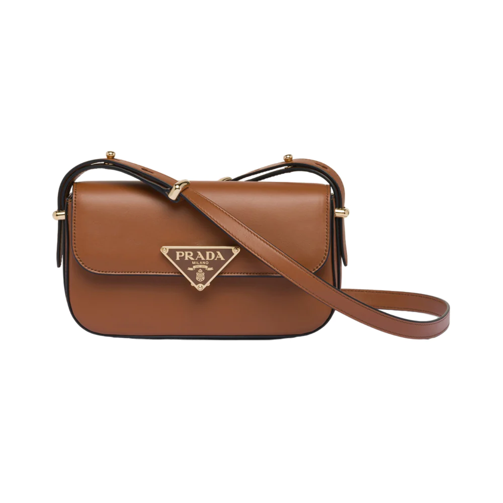 Logo Enameled Metal Triangle Leather Shoulder Bag Cognac