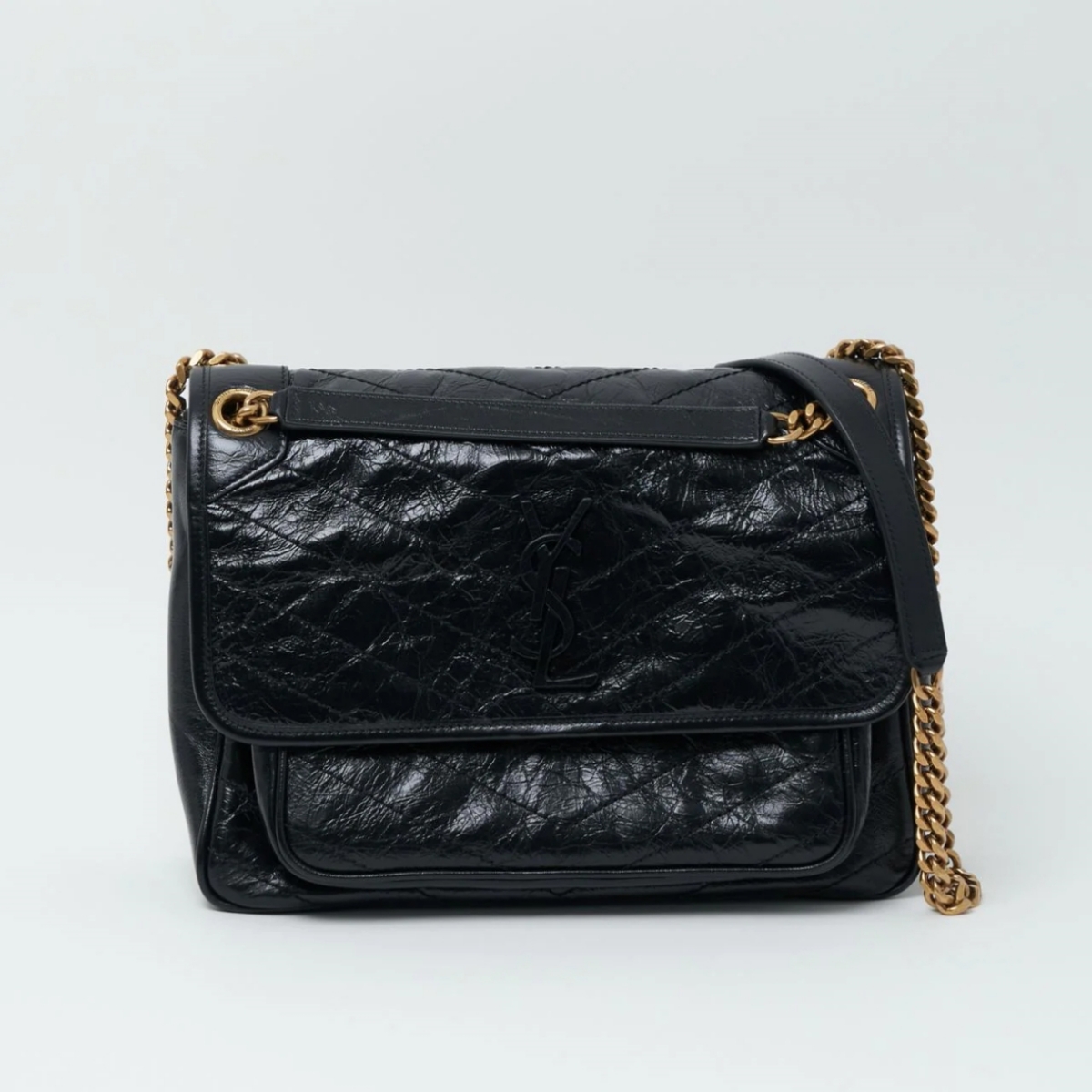 Saint Laurent Niki Medium Chain Bag Crinkle Vintage Leather Black Ghw 