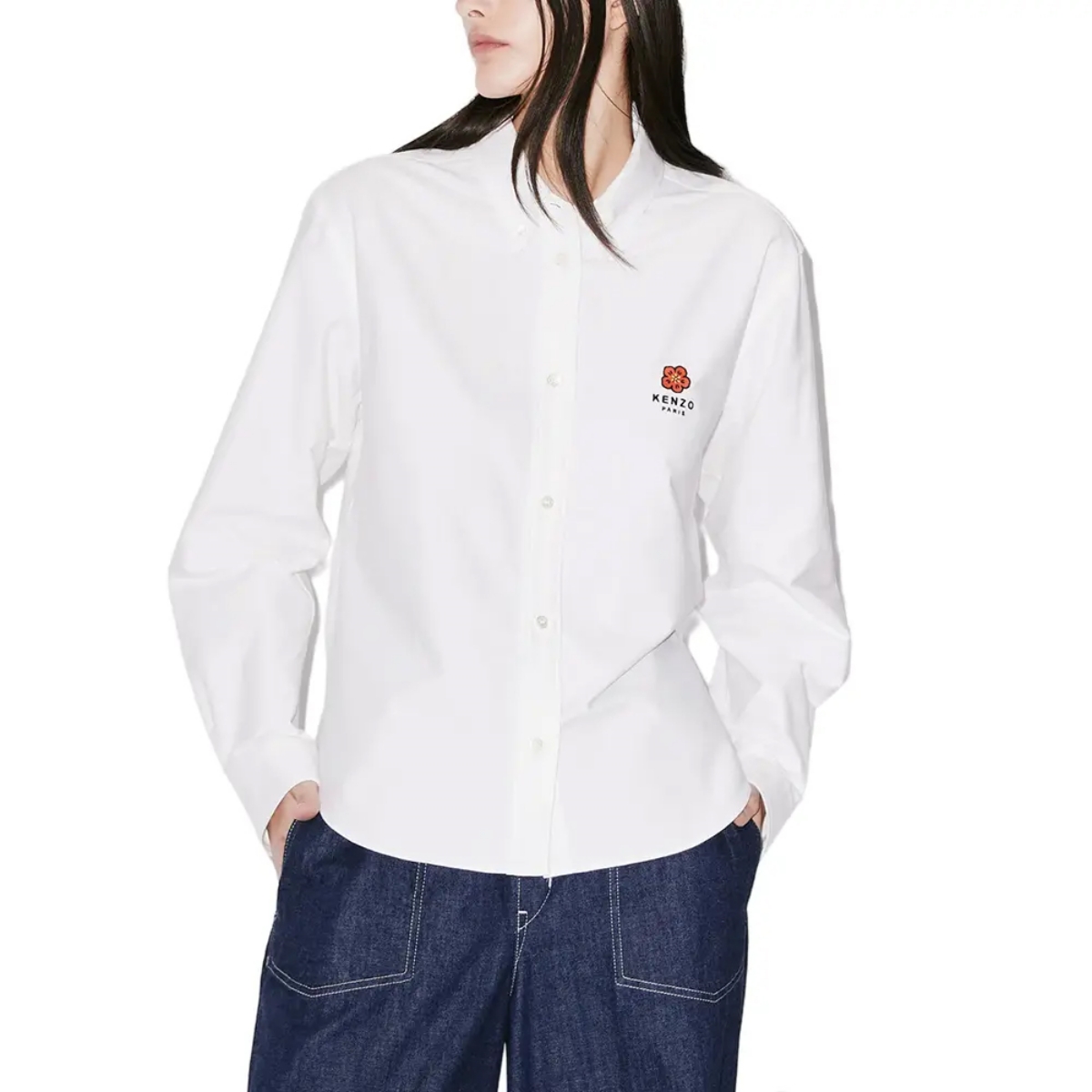 Kenzo Boke Flower Crest Embroidered Slim Shirt White