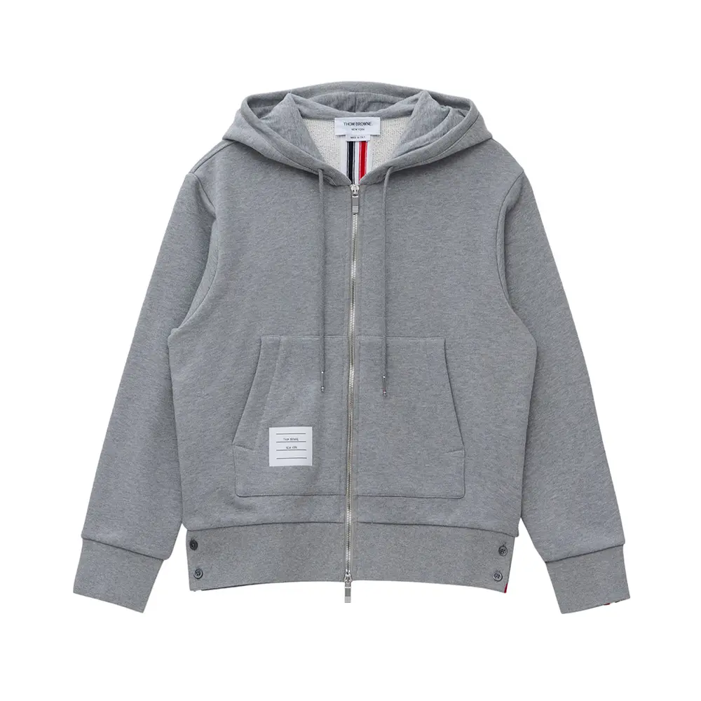 Thom BrowneStripped Back Zip Up Hoodie Cotton Light Grey