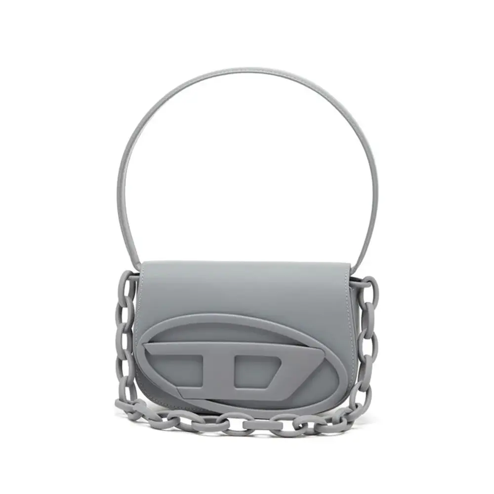 Diesel 1DR Iconic Matte Leather Shoulder Bag with Chain Handle Grey