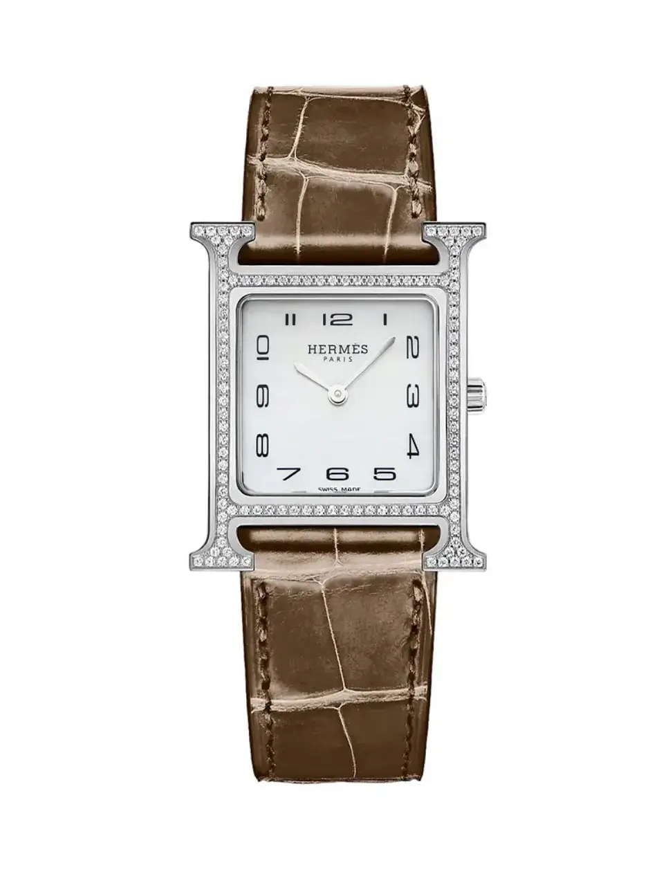 Hermès H-Hour MM Watch Gris Elephant Alligator Diamond Lined Case Shw