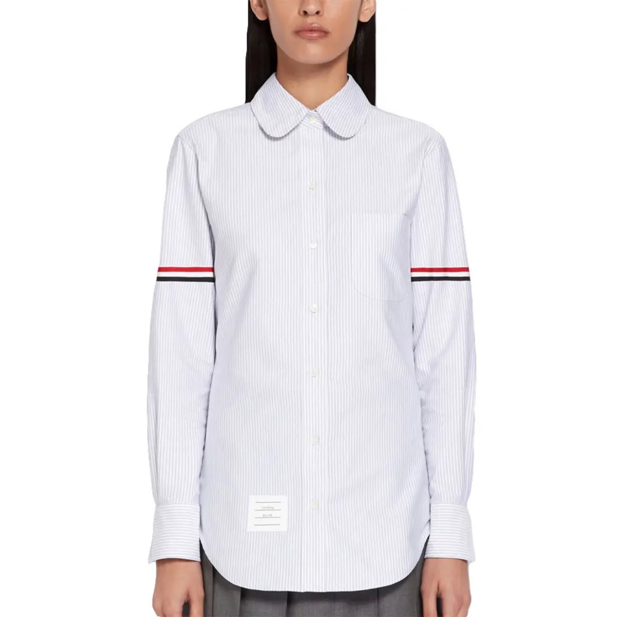 Thom Browne RWB Stripe Oxford Long Sleeve Shirt Medium Grey Women