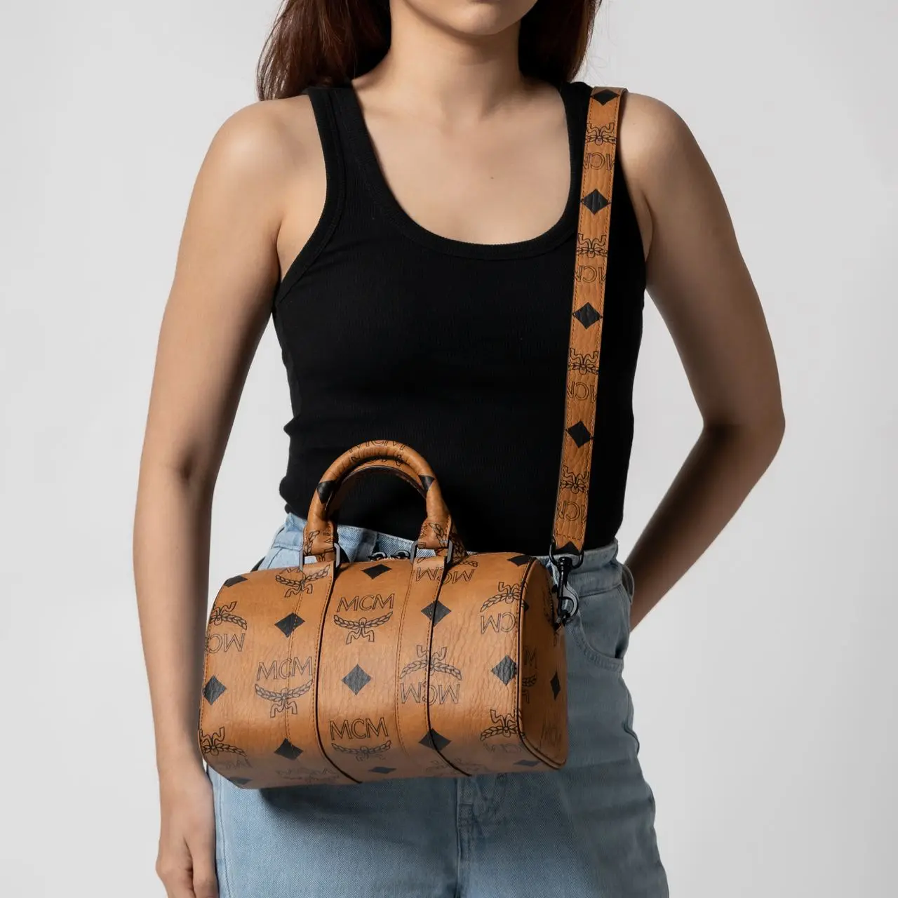 Small Aren Boston Bag in Maxi Visetos Cognac