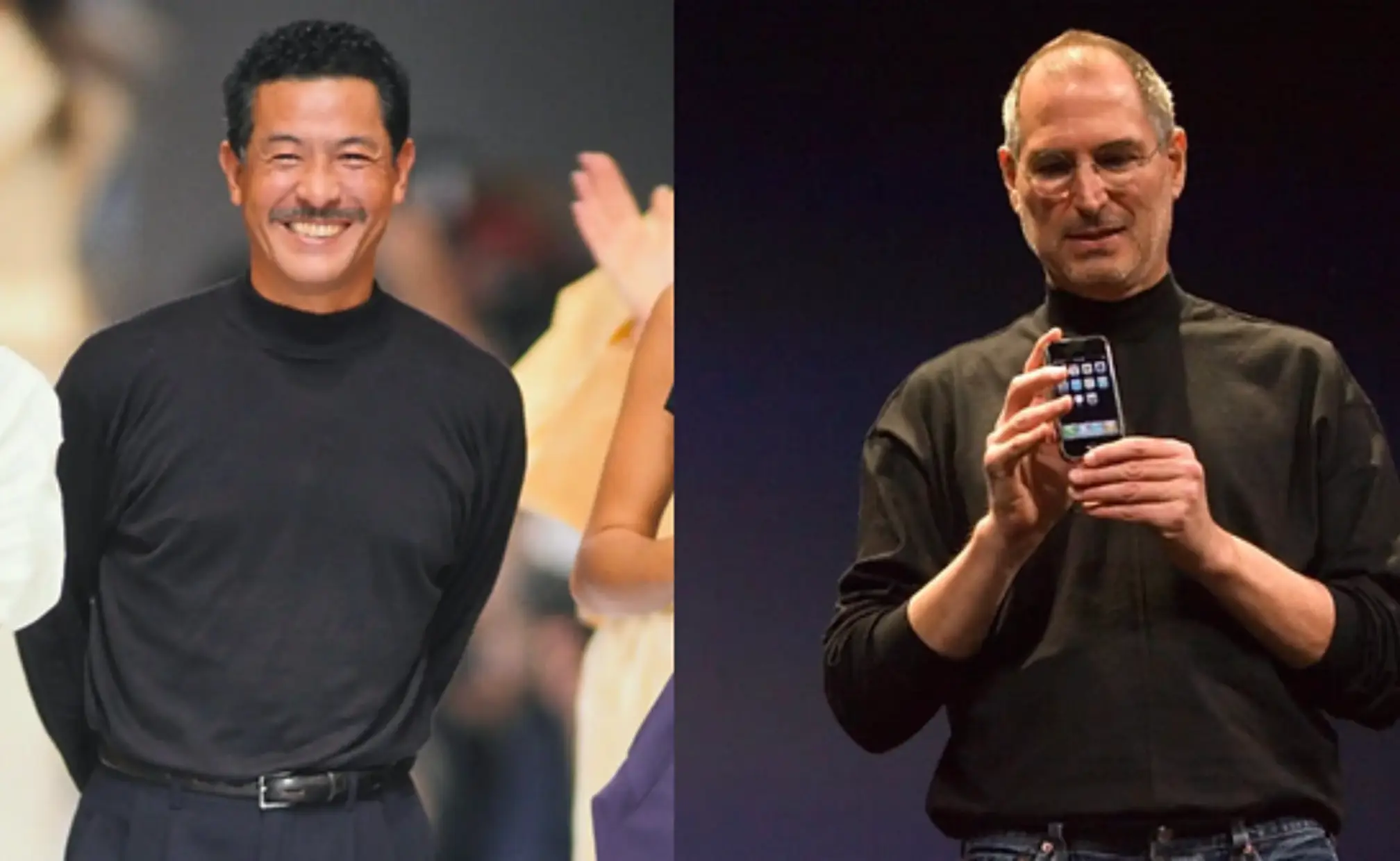 Tampilan turtleneck desain Issey Miyake pada Miyake dan Steve Jobs