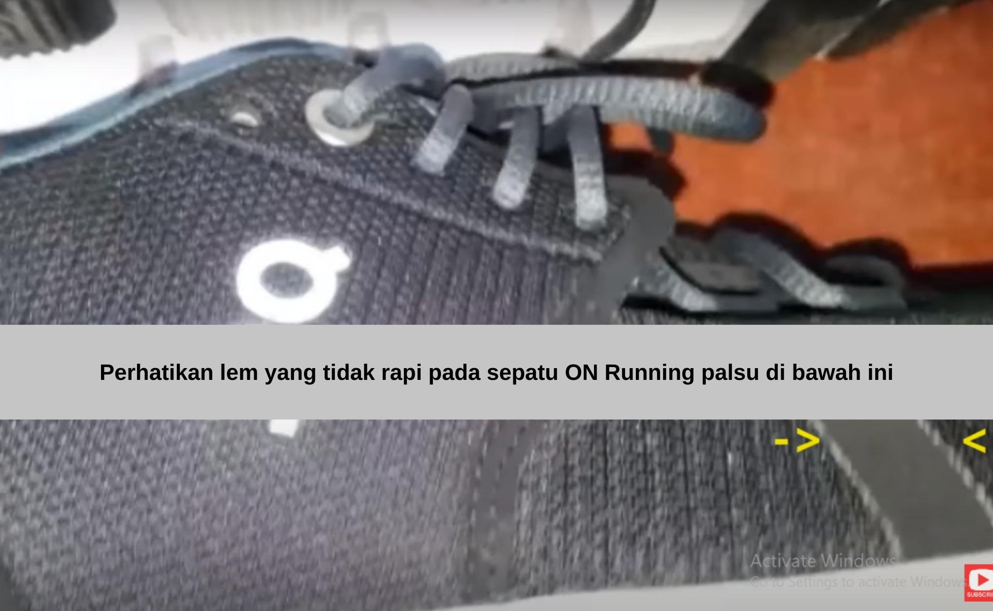 Jejak lem yang kasar tampak jelas pada sepatu ON Running palsu