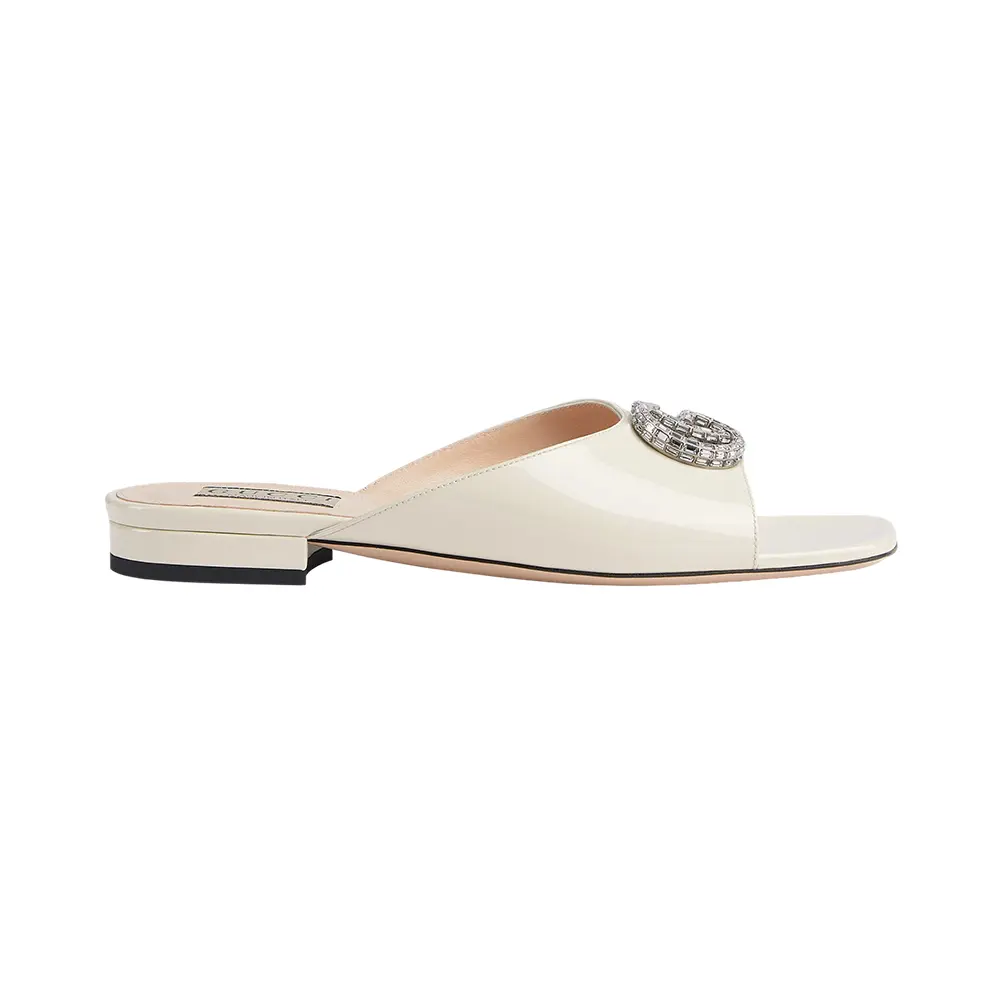 Double G With Crystals Slide Sandal Ivory Women