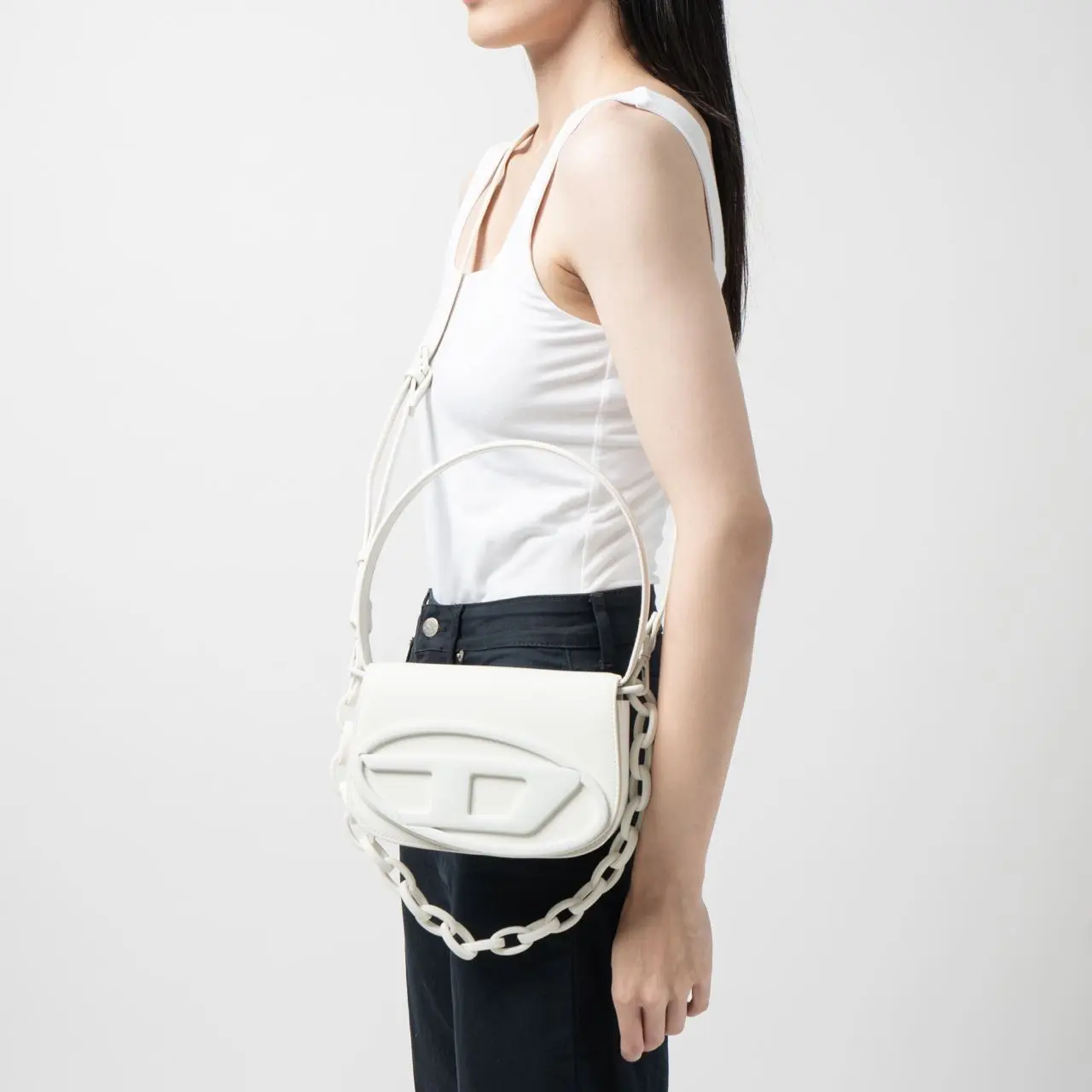 1DR Iconic Matte Leather Shoulder Bag with Chain Handle White