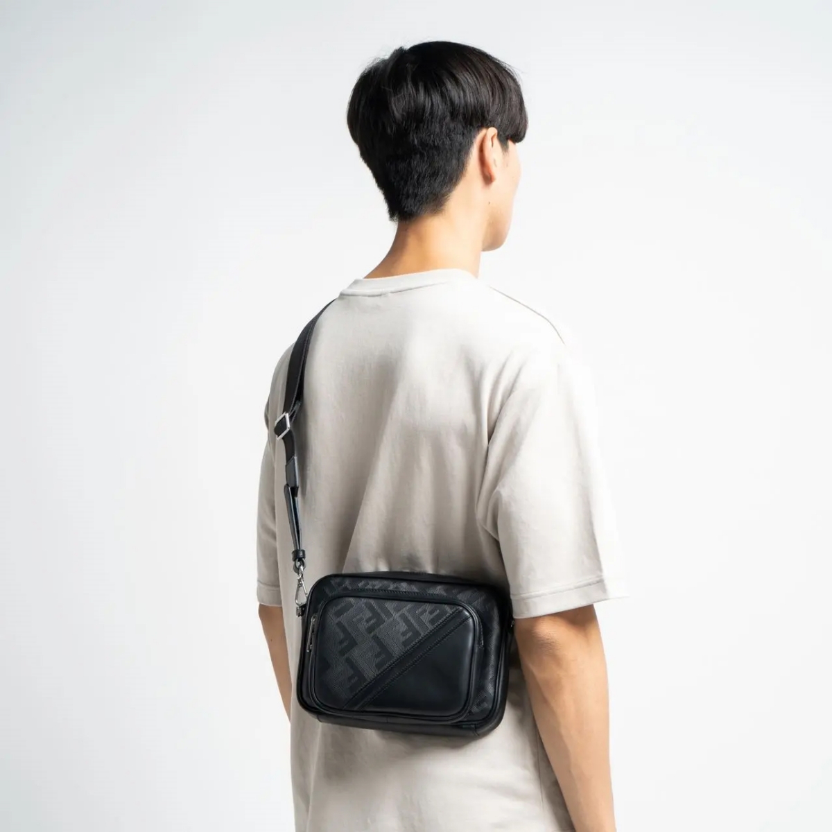 Fendi Shadow Diagonal Duo Camera Case Leather Bag Black