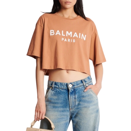 Balmain Logo Print Cropped T-shirt Camel White