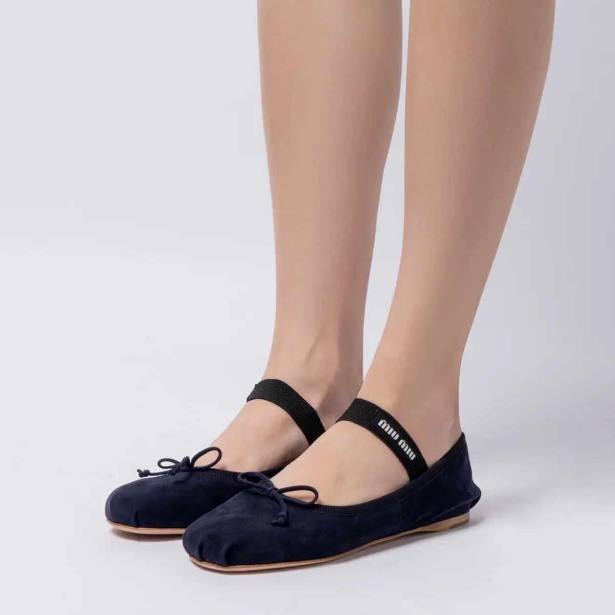 Miu Miu Bow with Elastic Band Ballerina Suede Leather Navy 