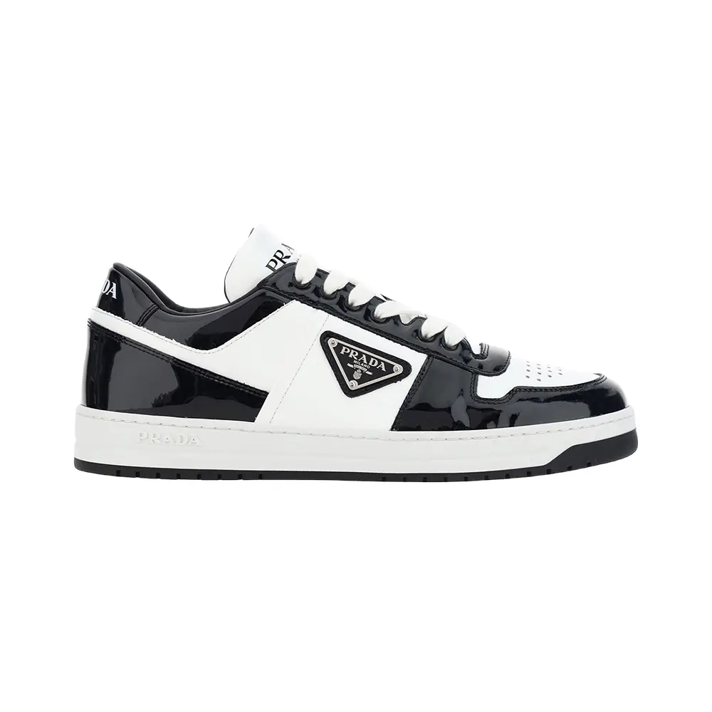 Prada Enamel Triangle Logo Patent Leather Sneakers Black/White