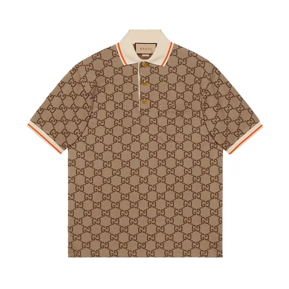 Gucci GG Cotton Silk Jacquard Polo Shirt Beige Ebony