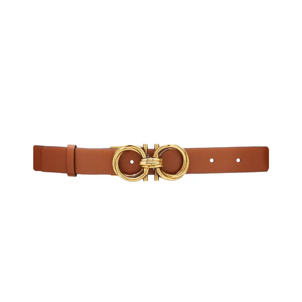 Salvatore Ferragamo Adjustable Gold Gancini Belt Siena Tan