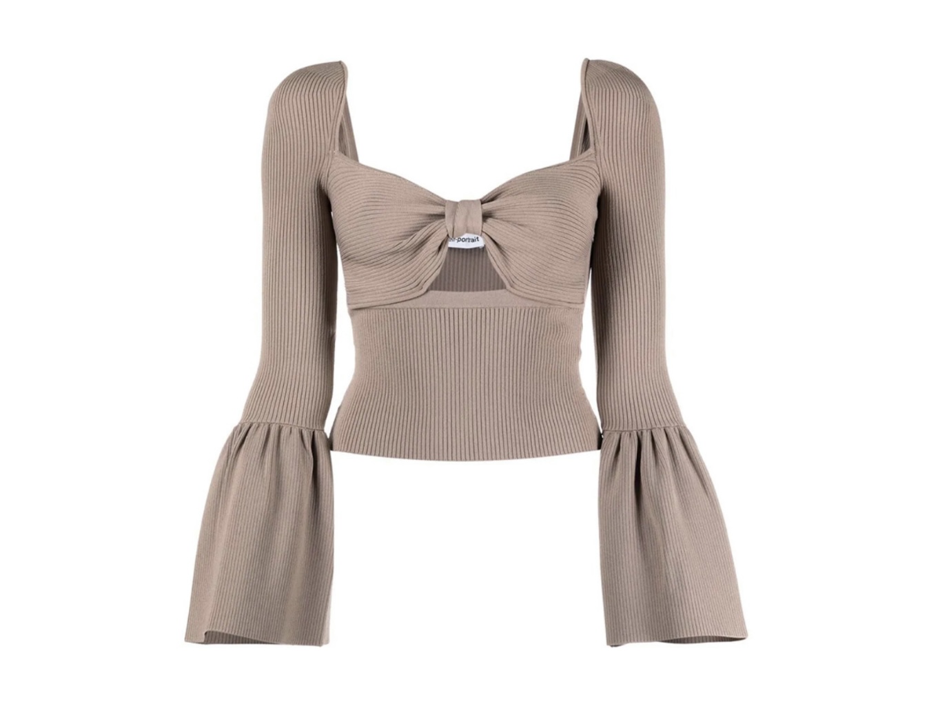 Self Portrait Ribbed Knit Bow Bust Top Taupe