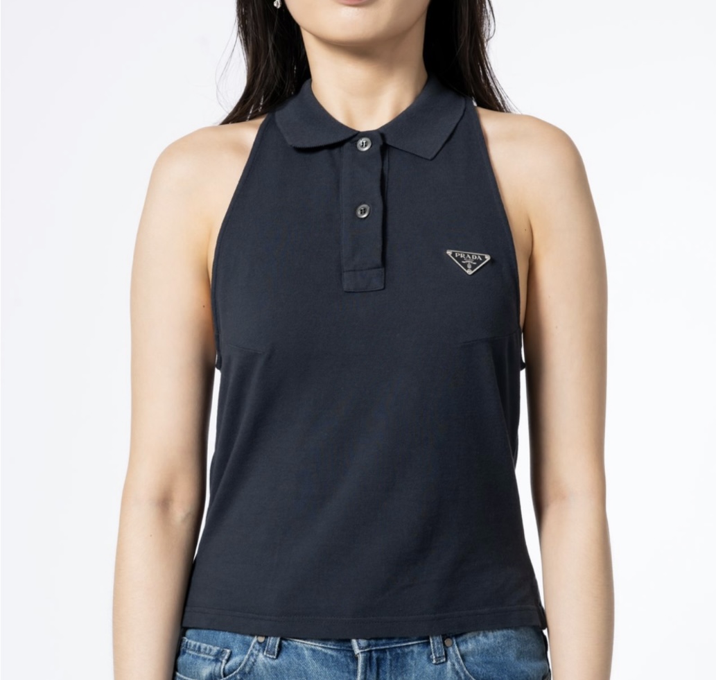 Prada Triangle Logo Button Polo Top Navy