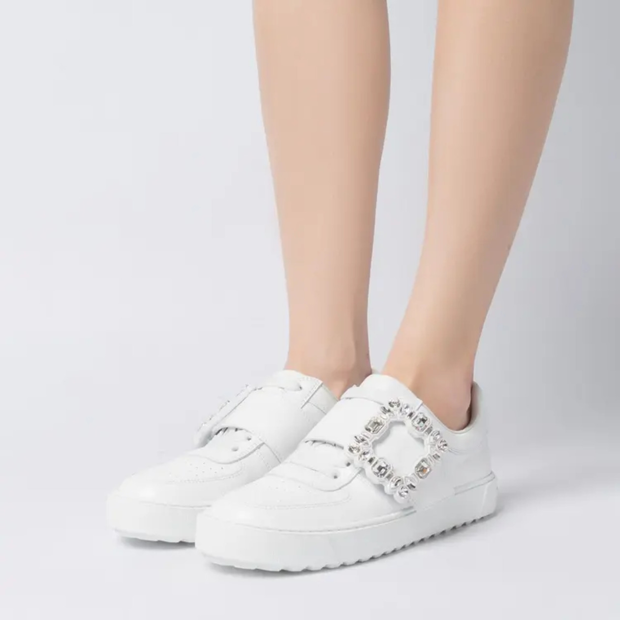 Very Vivier Strass Buckle Leather Sneakers White with Shoe Lace