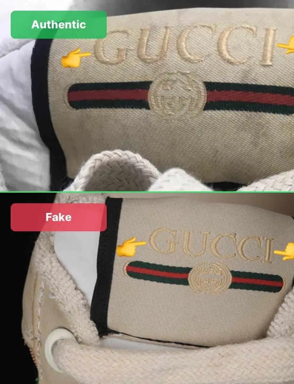 Lidah sepatu pada Gucci asli dan palsu