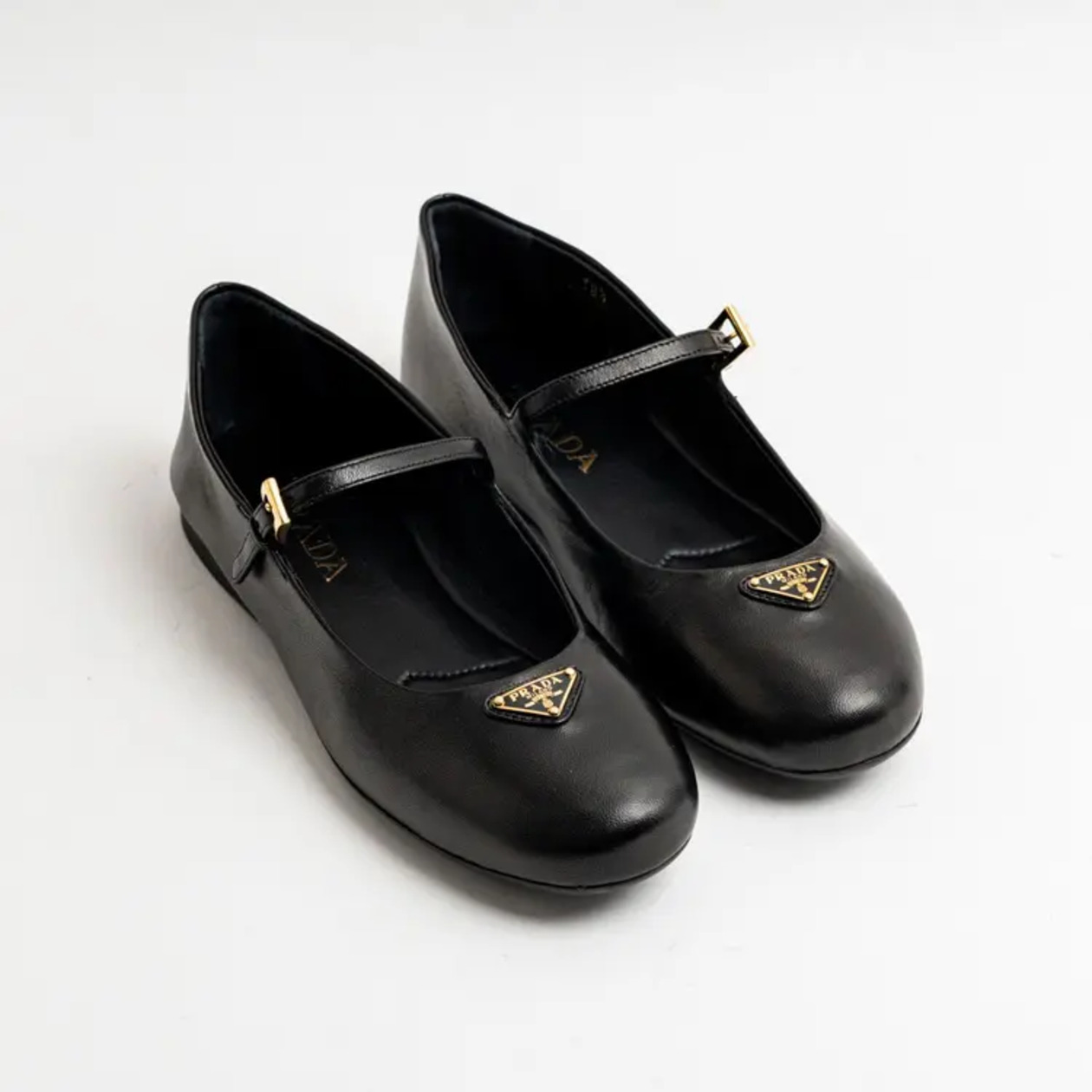 Prada Enameled Metal Triangle Nappa Leather Ballerinas Shoes Black