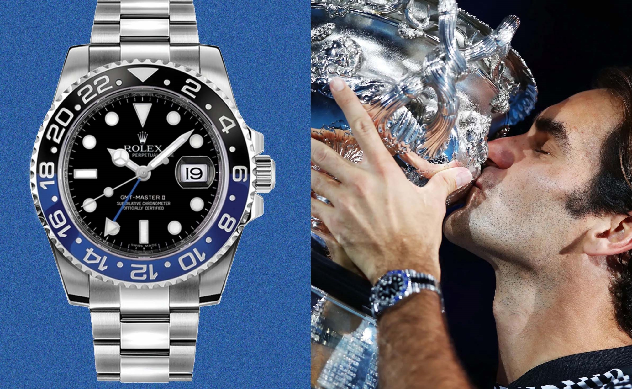 Roger Federer dengan jam tangan Rolex GMT Master II