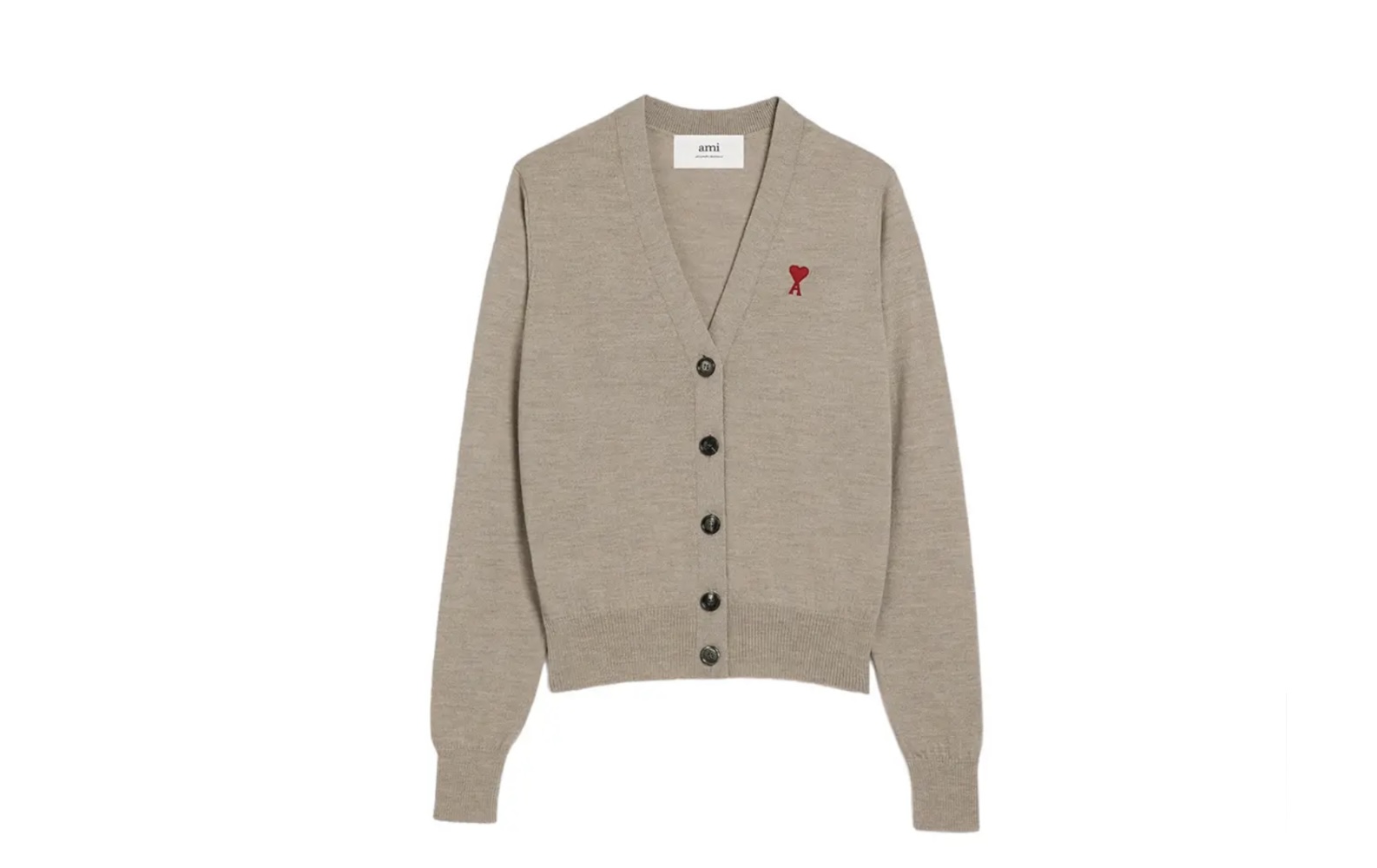 AMI Paris Red Ami De Coeur V-Neck Wool Cardigan Light Beige