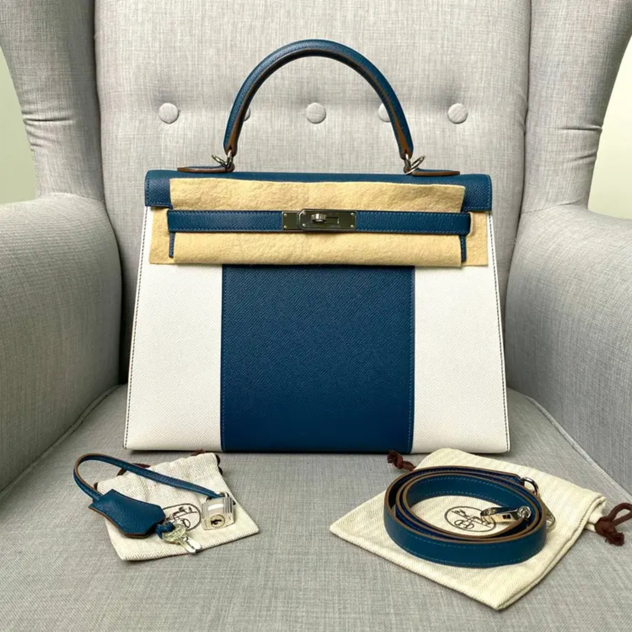 Hermes K32 Flag Blanc/Bleu Thalassa Epsom Phw R