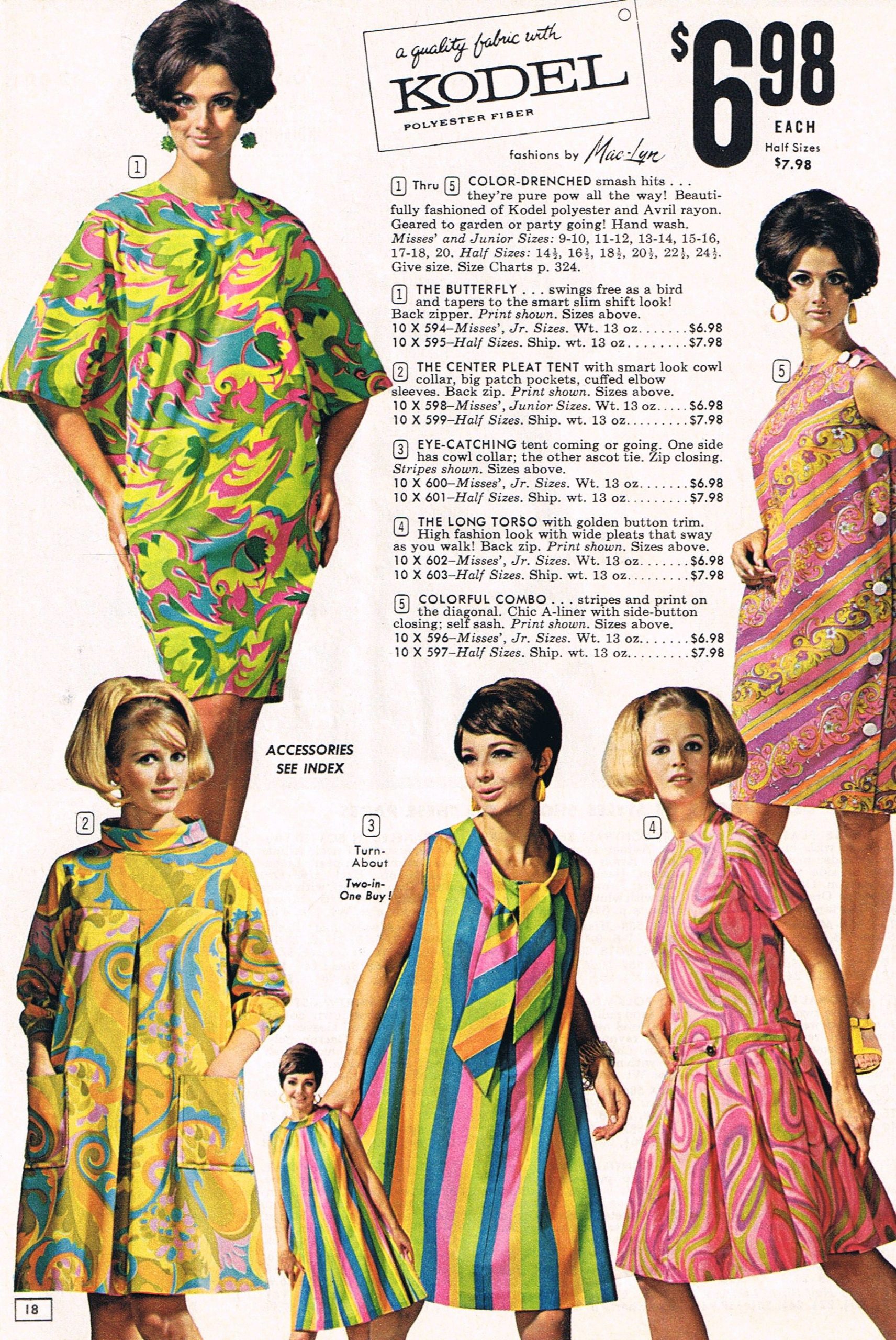 Model pakaian wanita yang menggunakan bahan polyester pada tahun 1960-an, menunjukkan tren fashion saat itu.