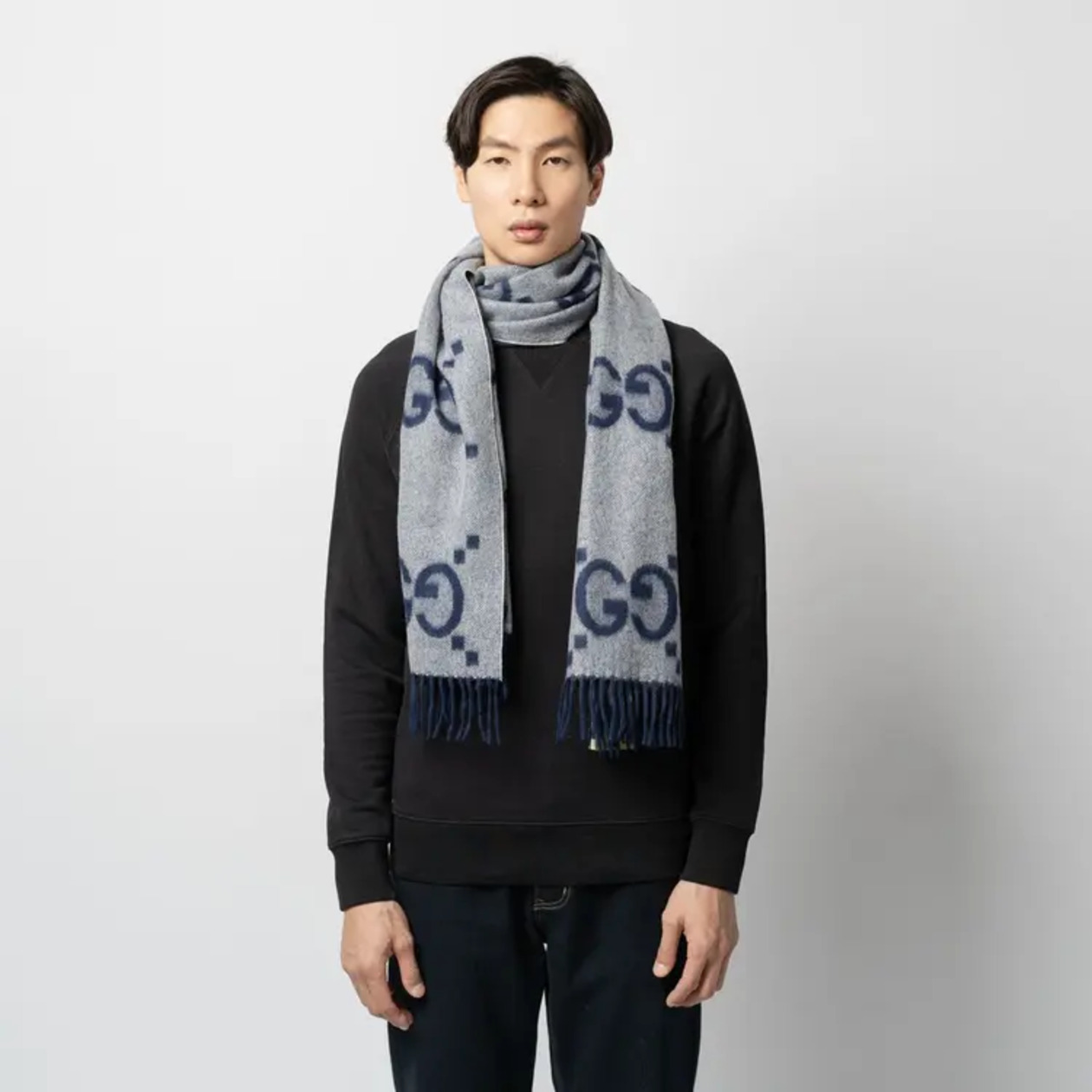 Gucci Large GG Cashmere Jacquard Scarf Navy