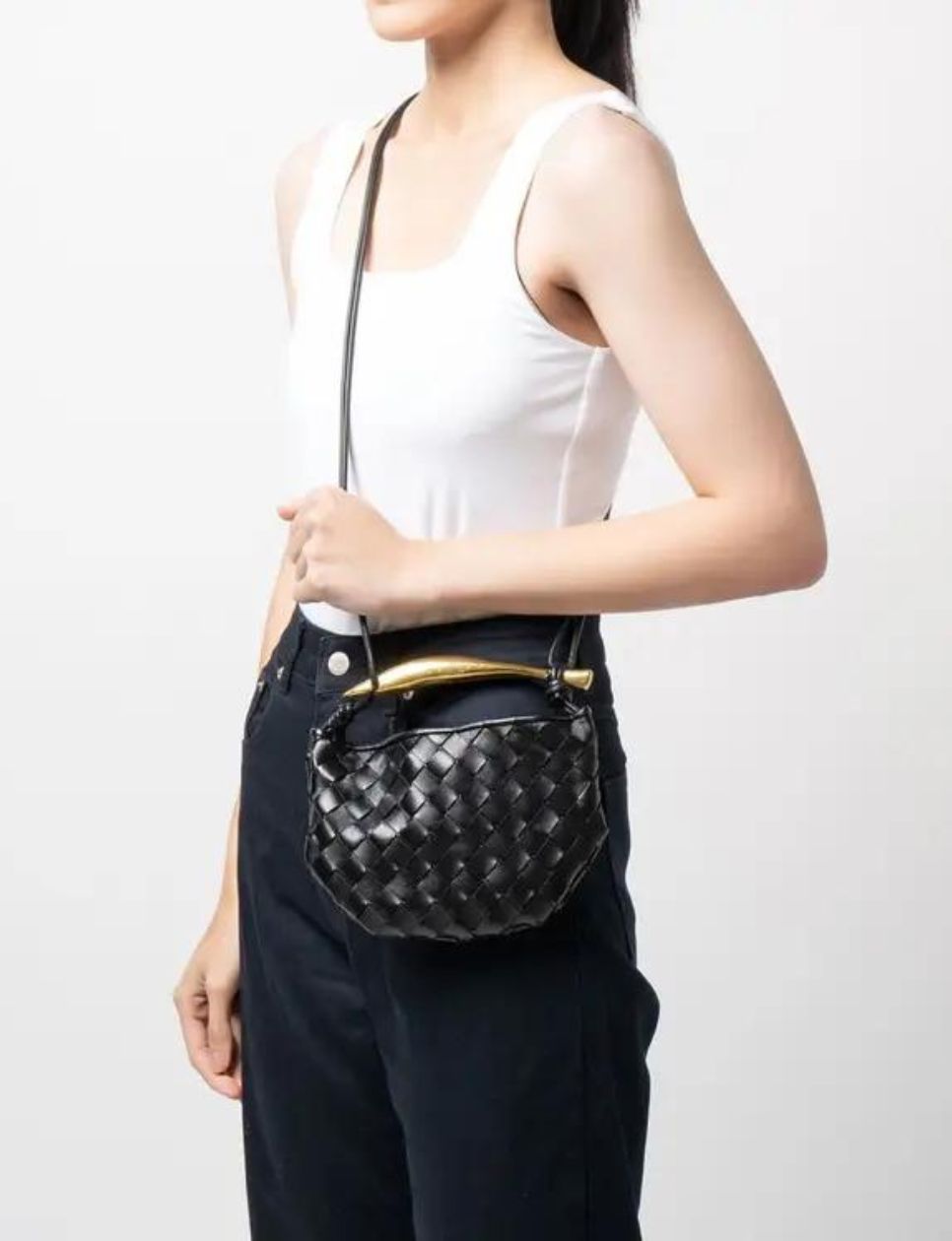 Bottega Veneta Mini Sardine Crossbody Bag Metallic Top Handle Black