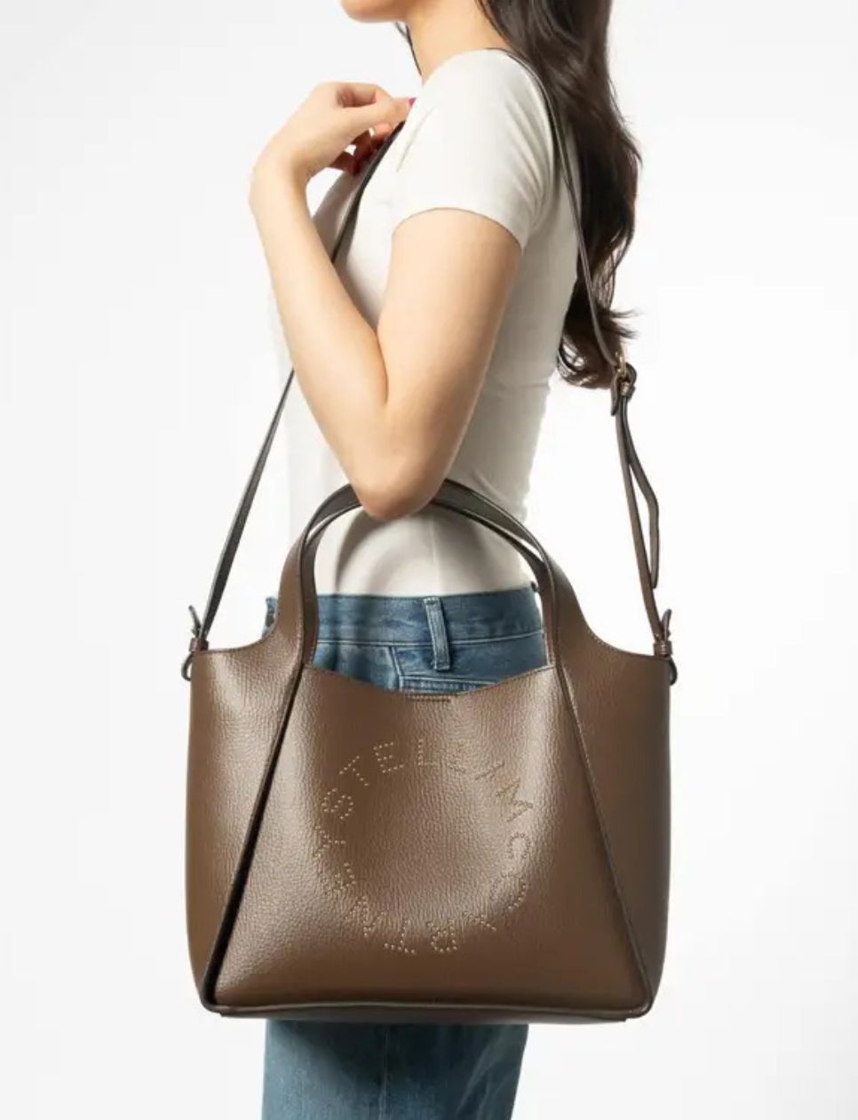 Stella Mccartney Logo Top Handle Tote Bag Grained Leather Chocolate Brown