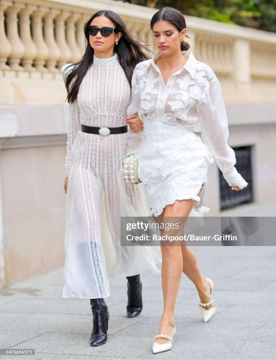 Kelsey Merritt and Sara Sampaio are seen heading to The 'Zimmermann' show during Paris Fashion Week on March 06, 2023 in Paris, France.