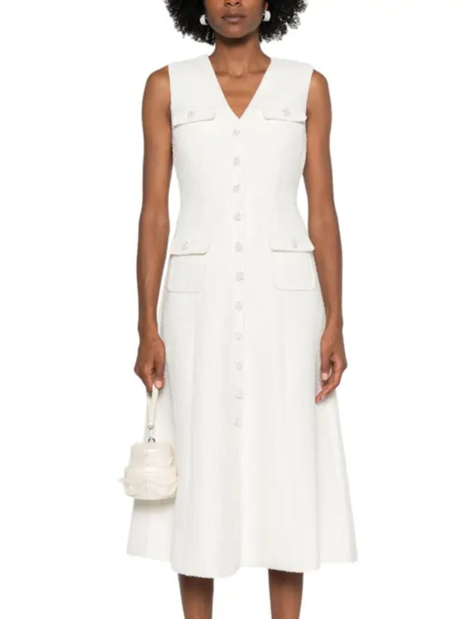 Self Portrait  Tinsel Boucle Buttoned Sleeveless Midi Dress White Cream  