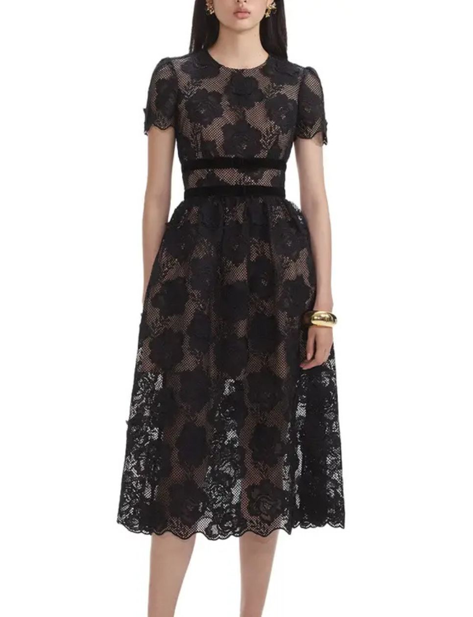 Self Portrait  Lace Velvet Bow Midi Dress Black 