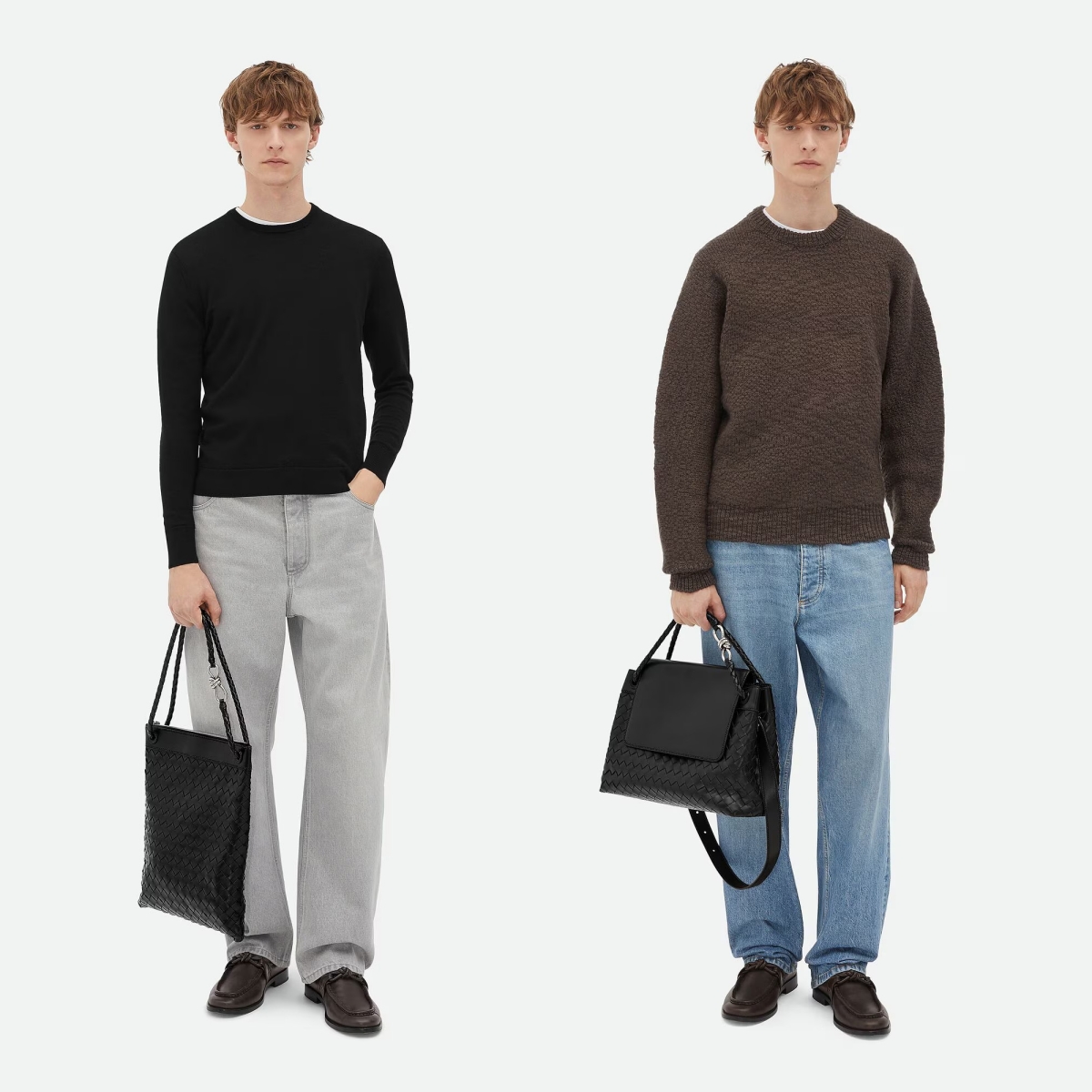 Model memakai Bottega Veneta Flat Andiamo Messenger dan Medium Andiamo Messenger Bag Black