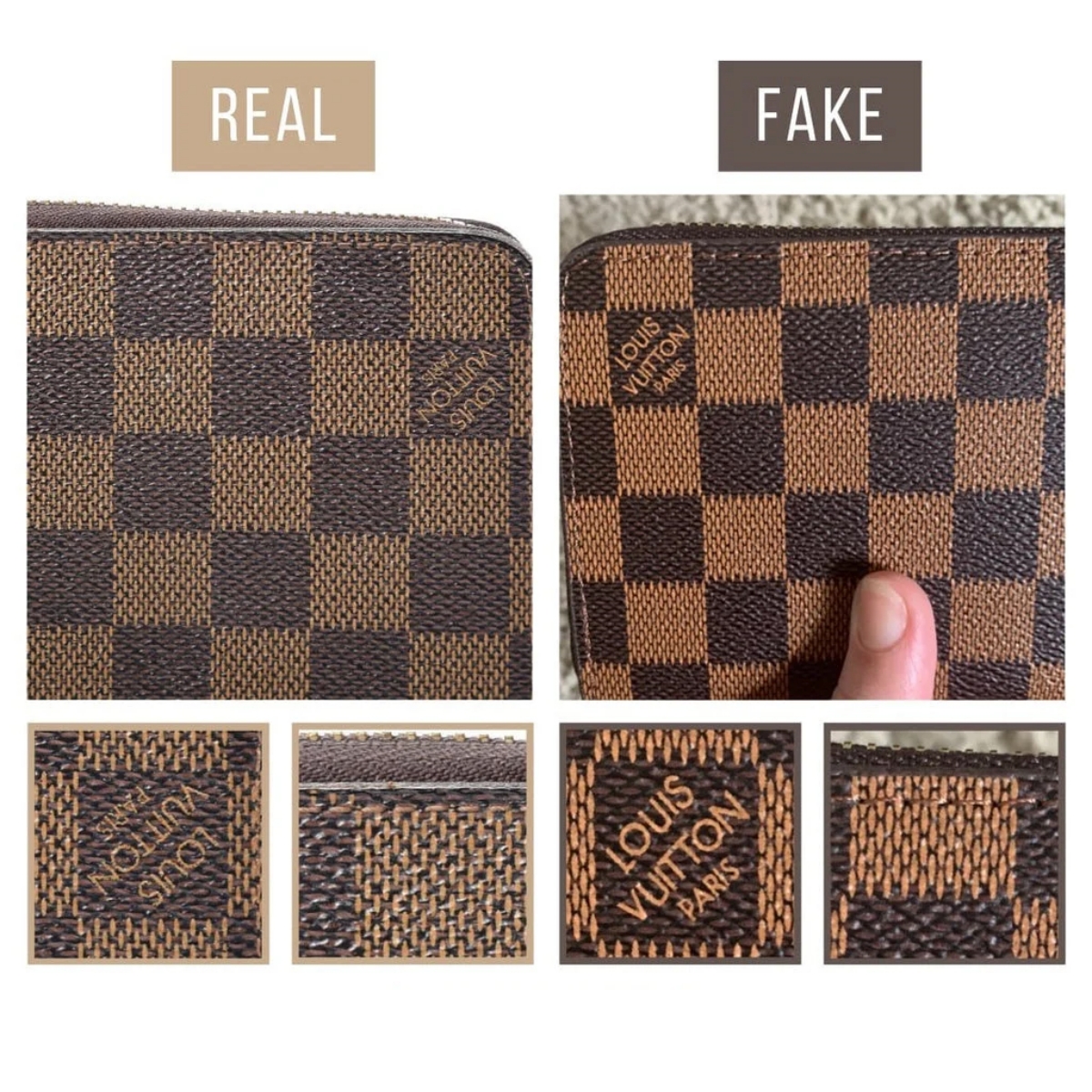 Tampilan dompet Louis Vuitton asli dan palsu (Sumber foto: https://legitgrails.com/)